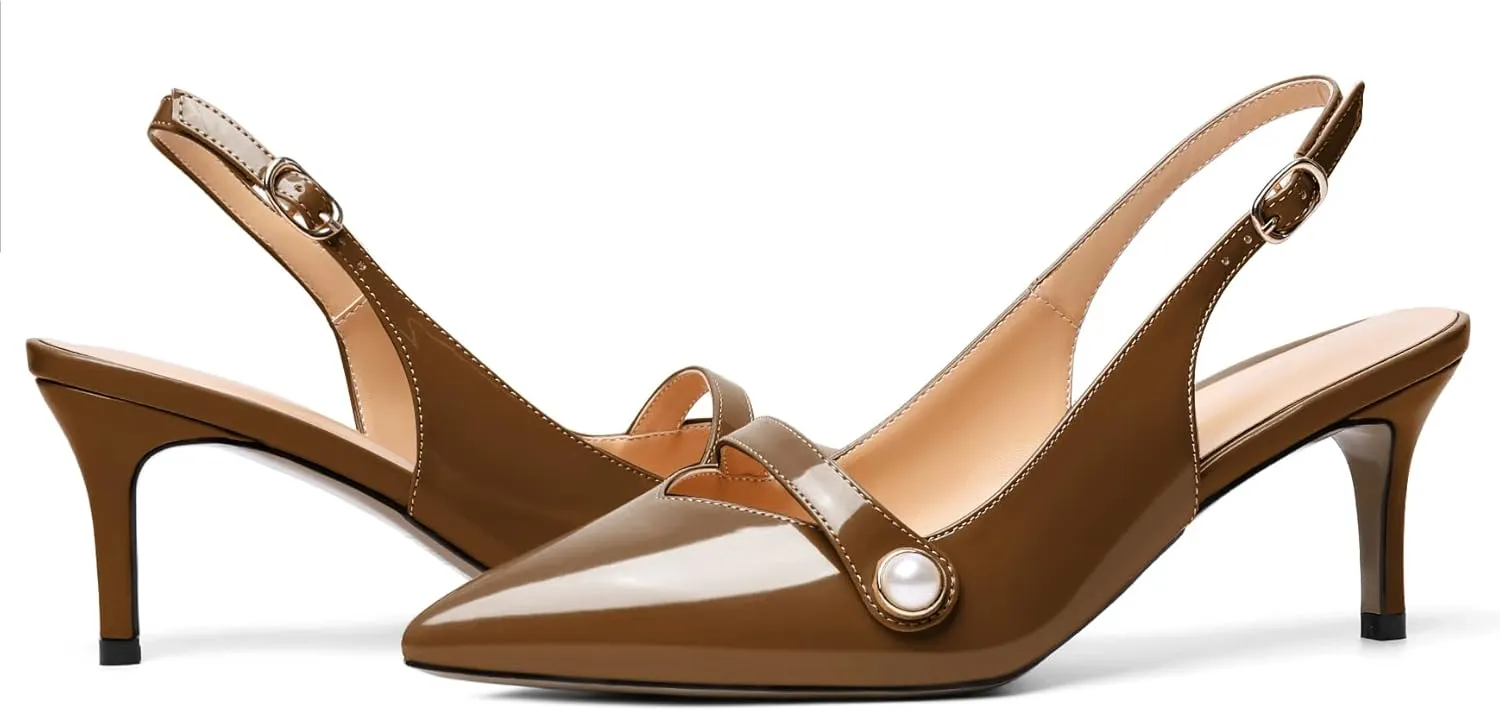 AUMOTED Women's Pointed Toe Stiletto Mid Heels Slingback Ankle Strap with Adjustable Buckle Perl Pumps Dress Shoes Party Wedding Patent 2.5 Inch