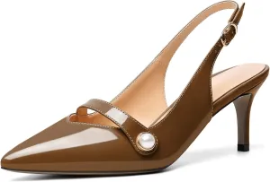 AUMOTED Women's Pointed Toe Stiletto Mid Heels Slingback Ankle Strap with Adjustable Buckle Perl Pumps Dress Shoes Party Wedding Patent 2.5 Inch
