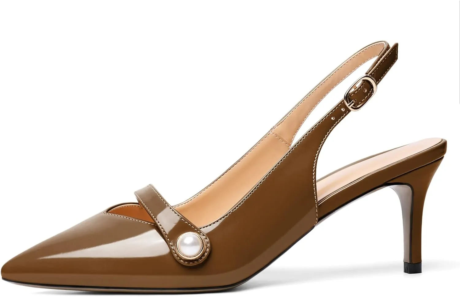 AUMOTED Women's Pointed Toe Stiletto Mid Heels Slingback Ankle Strap with Adjustable Buckle Perl Pumps Dress Shoes Party Wedding Patent 2.5 Inch