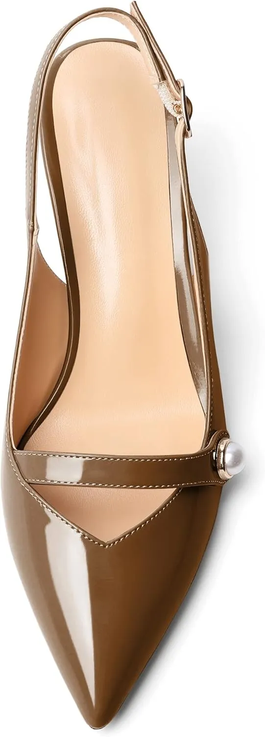 AUMOTED Women's Pointed Toe Stiletto Mid Heels Slingback Ankle Strap with Adjustable Buckle Perl Pumps Dress Shoes Party Wedding Patent 2.5 Inch