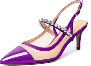 AUMOTED Women's Slingback Mid Heels Pointed Cap Toe Pumps High Heel Crystal Slingback Dating Patent Stiletto Pumps Rhinestones Ankle Strap Heels 2.5 Inch Party Shoes