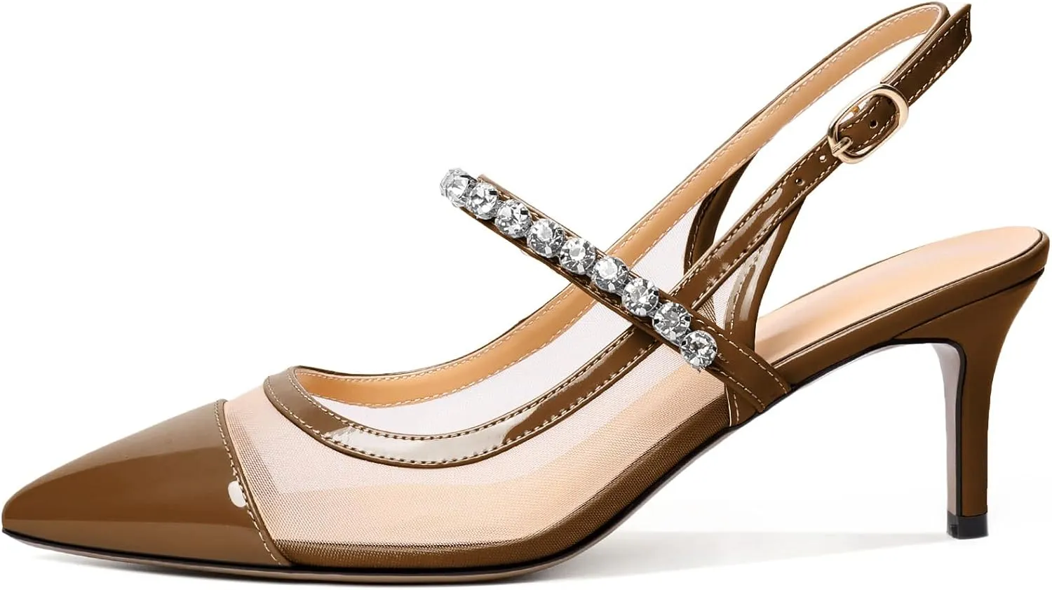 AUMOTED Women's Slingback Mid Heels Pointed Cap Toe Pumps High Heel Crystal Slingback Dating Patent Stiletto Pumps Rhinestones Ankle Strap Heels 2.5 Inch Party Shoes