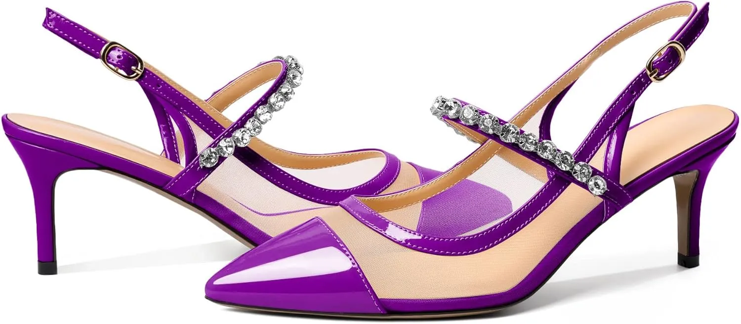 AUMOTED Women's Slingback Mid Heels Pointed Cap Toe Pumps High Heel Crystal Slingback Dating Patent Stiletto Pumps Rhinestones Ankle Strap Heels 2.5 Inch Party Shoes