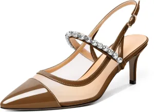 AUMOTED Women's Slingback Mid Heels Pointed Cap Toe Pumps High Heel Crystal Slingback Dating Patent Stiletto Pumps Rhinestones Ankle Strap Heels 2.5 Inch Party Shoes