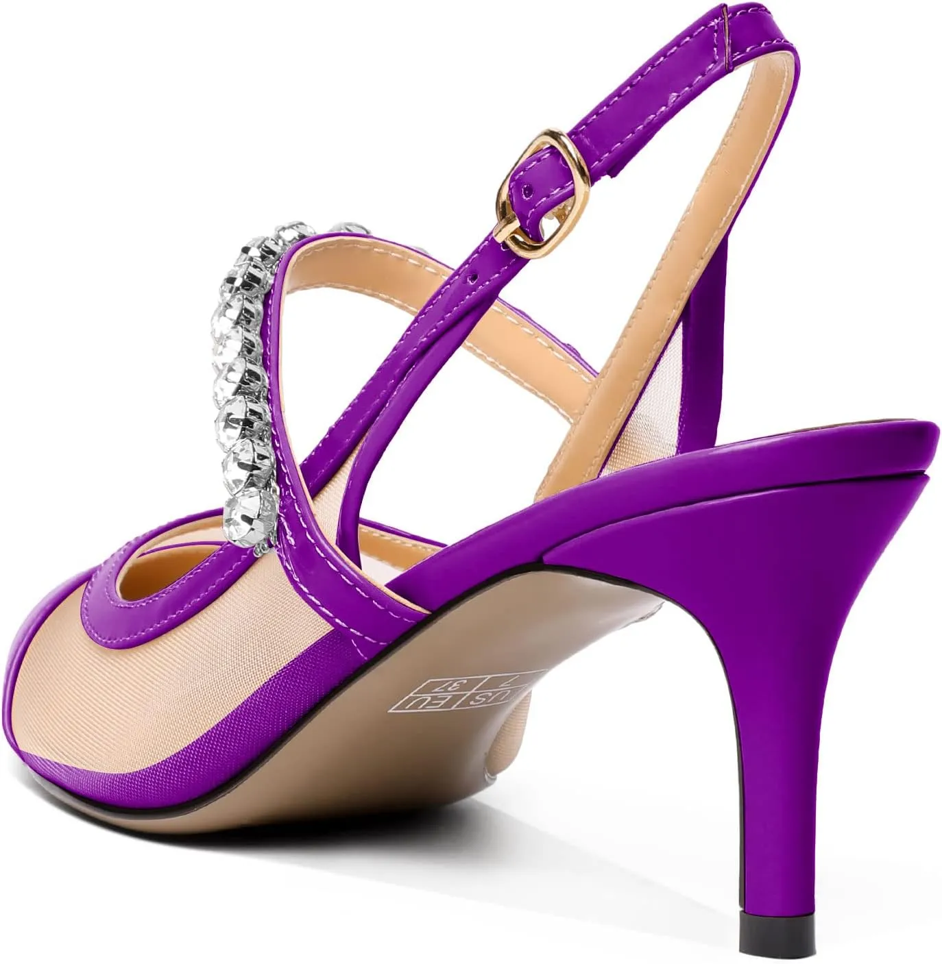 AUMOTED Women's Slingback Mid Heels Pointed Cap Toe Pumps High Heel Crystal Slingback Dating Patent Stiletto Pumps Rhinestones Ankle Strap Heels 2.5 Inch Party Shoes