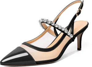 AUMOTED Women's Slingback Mid Heels Pointed Cap Toe Pumps High Heel Crystal Slingback Dating Patent Stiletto Pumps Rhinestones Ankle Strap Heels 2.5 Inch Party Shoes
