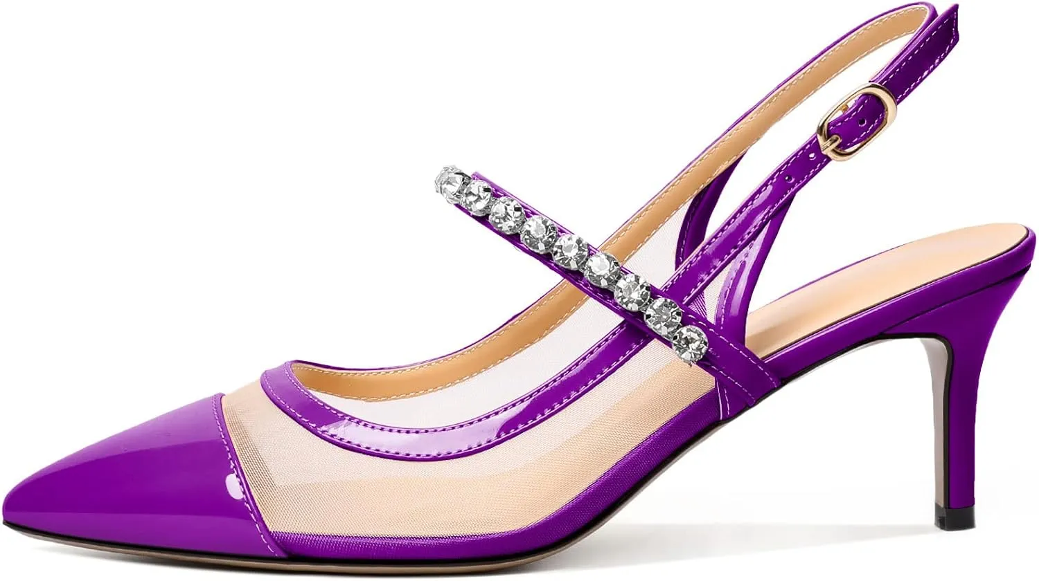 AUMOTED Women's Slingback Mid Heels Pointed Cap Toe Pumps High Heel Crystal Slingback Dating Patent Stiletto Pumps Rhinestones Ankle Strap Heels 2.5 Inch Party Shoes