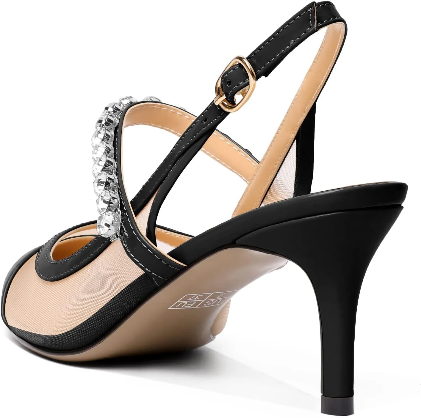 AUMOTED Women's Slingback Mid Heels Pointed Cap Toe Pumps High Heel Crystal Slingback Dating Patent Stiletto Pumps Rhinestones Ankle Strap Heels 2.5 Inch Party Shoes