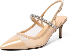 AUMOTED Women's Slingback Mid Heels Pointed Cap Toe Pumps High Heel Crystal Slingback Dating Patent Stiletto Pumps Rhinestones Ankle Strap Heels 2.5 Inch Party Shoes