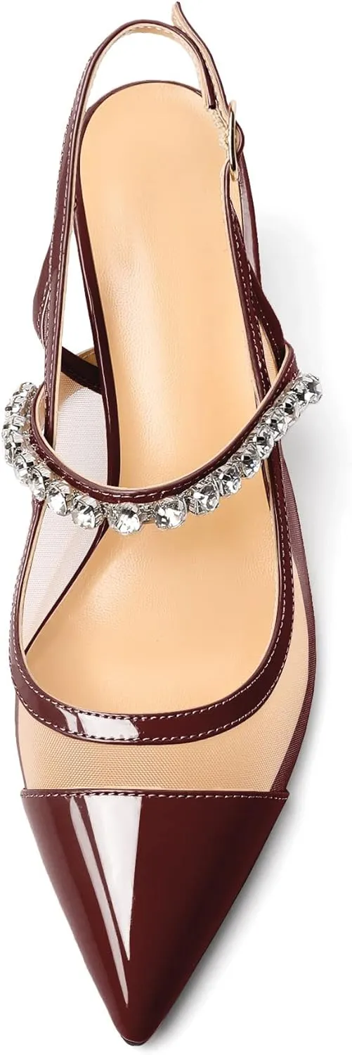 AUMOTED Women's Slingback Mid Heels Pointed Cap Toe Pumps High Heel Crystal Slingback Dating Patent Stiletto Pumps Rhinestones Ankle Strap Heels 2.5 Inch Party Shoes