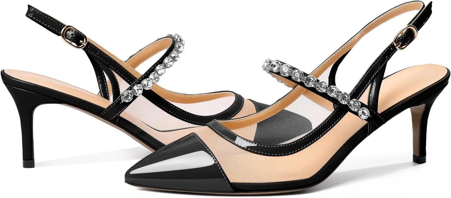 AUMOTED Women's Slingback Mid Heels Pointed Cap Toe Pumps High Heel Crystal Slingback Dating Patent Stiletto Pumps Rhinestones Ankle Strap Heels 2.5 Inch Party Shoes