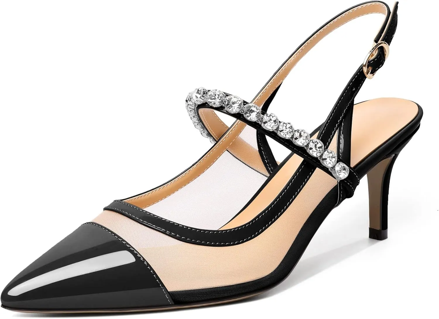 AUMOTED Women's Slingback Mid Heels Pointed Cap Toe Pumps High Heel Crystal Slingback Dating Patent Stiletto Pumps Rhinestones Ankle Strap Heels 2.5 Inch Party Shoes