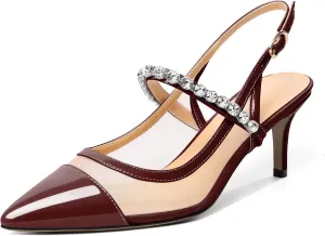 AUMOTED Women's Slingback Mid Heels Pointed Cap Toe Pumps High Heel Crystal Slingback Dating Patent Stiletto Pumps Rhinestones Ankle Strap Heels 2.5 Inch Party Shoes