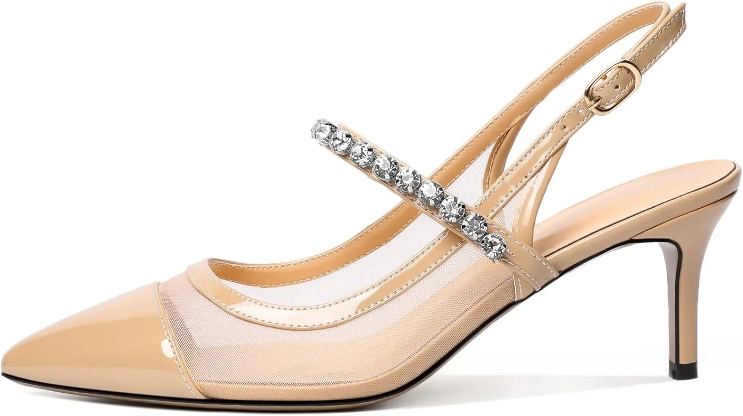 AUMOTED Women's Slingback Mid Heels Pointed Cap Toe Pumps High Heel Crystal Slingback Dating Patent Stiletto Pumps Rhinestones Ankle Strap Heels 2.5 Inch Party Shoes