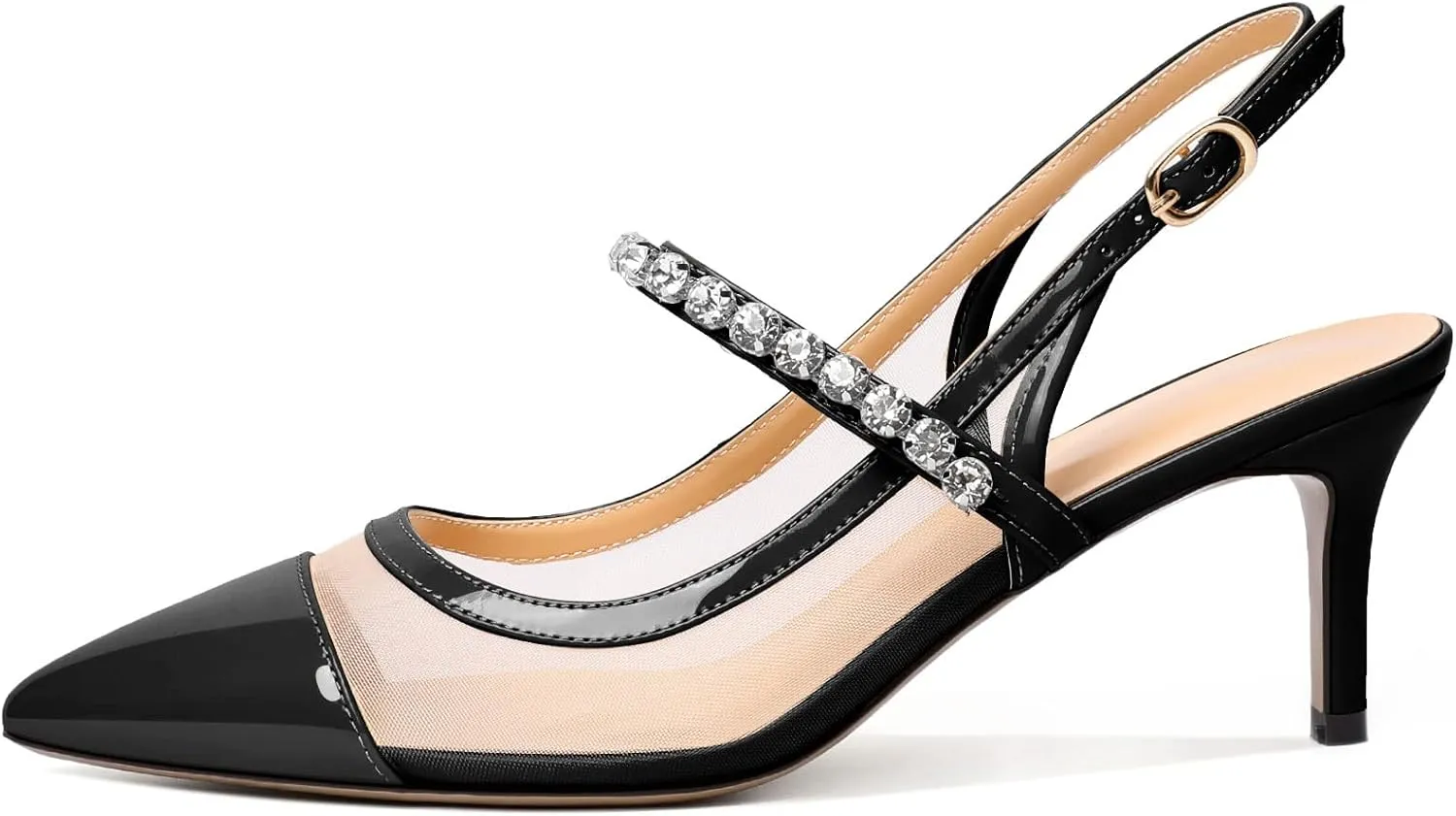 AUMOTED Women's Slingback Mid Heels Pointed Cap Toe Pumps High Heel Crystal Slingback Dating Patent Stiletto Pumps Rhinestones Ankle Strap Heels 2.5 Inch Party Shoes