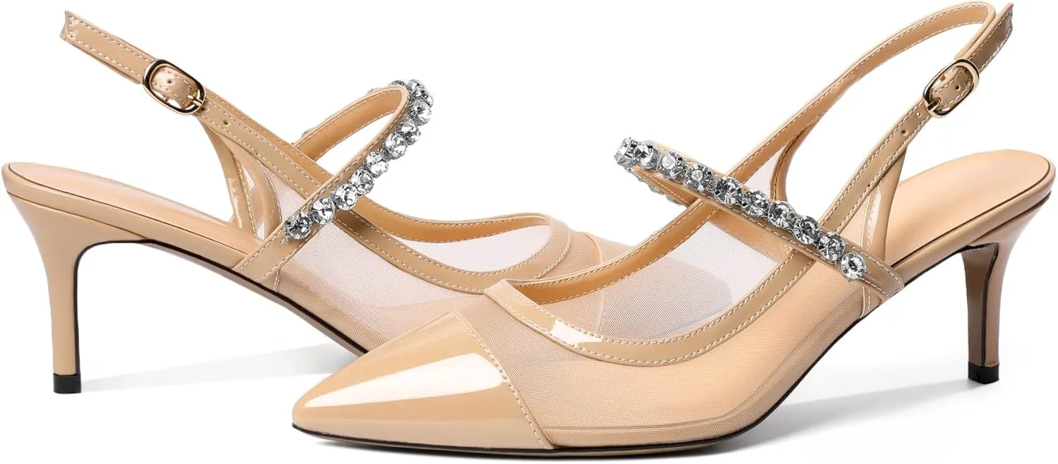 AUMOTED Women's Slingback Mid Heels Pointed Cap Toe Pumps High Heel Crystal Slingback Dating Patent Stiletto Pumps Rhinestones Ankle Strap Heels 2.5 Inch Party Shoes