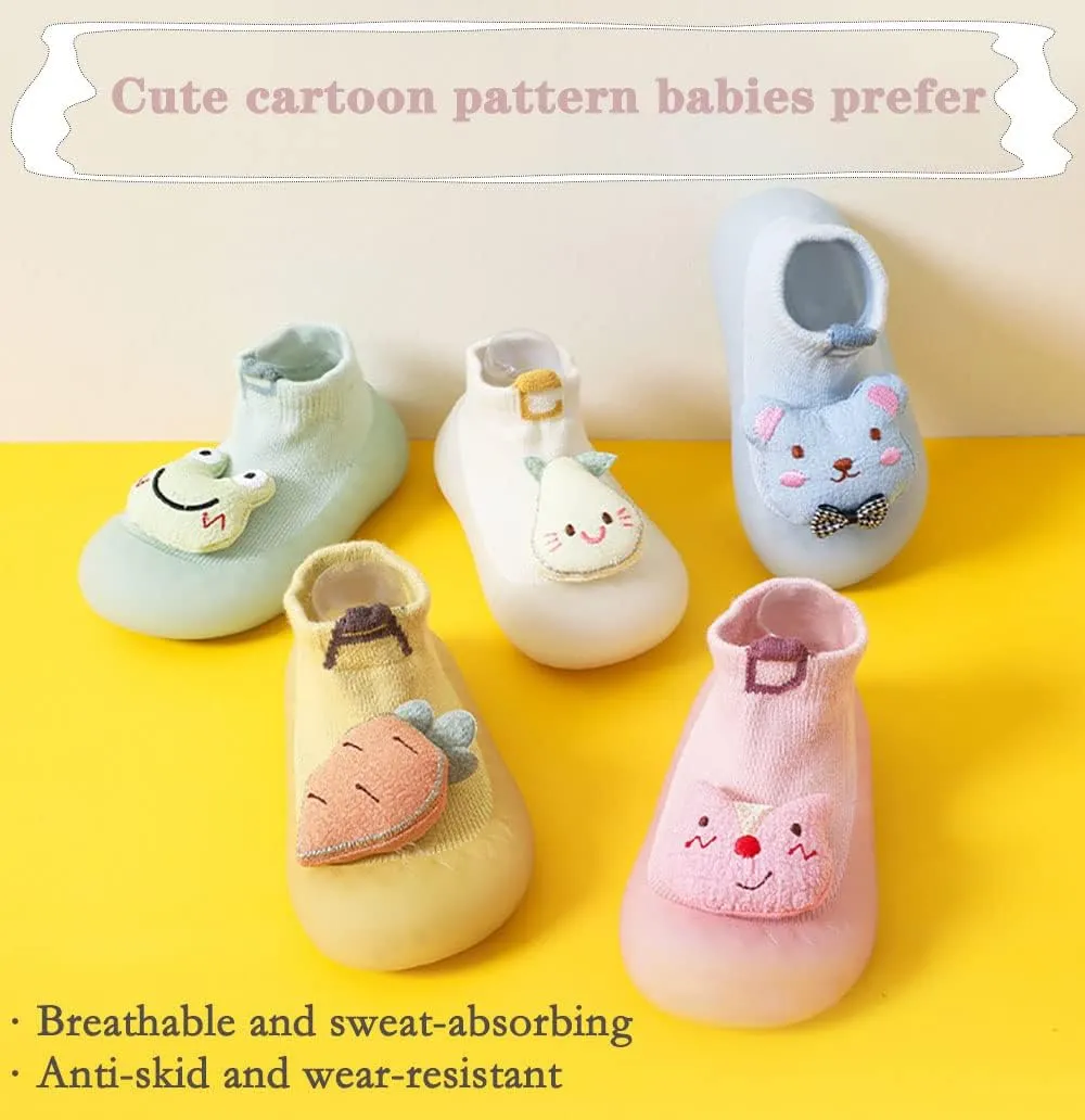 Baby Sock Shoes(0~36 months) Toddler Non-Slip Soft Bottom First Walking Shoes Breathable Lightwewight Cute Animal Rubber Sole Shoes Floor Slippers for Boys Girls