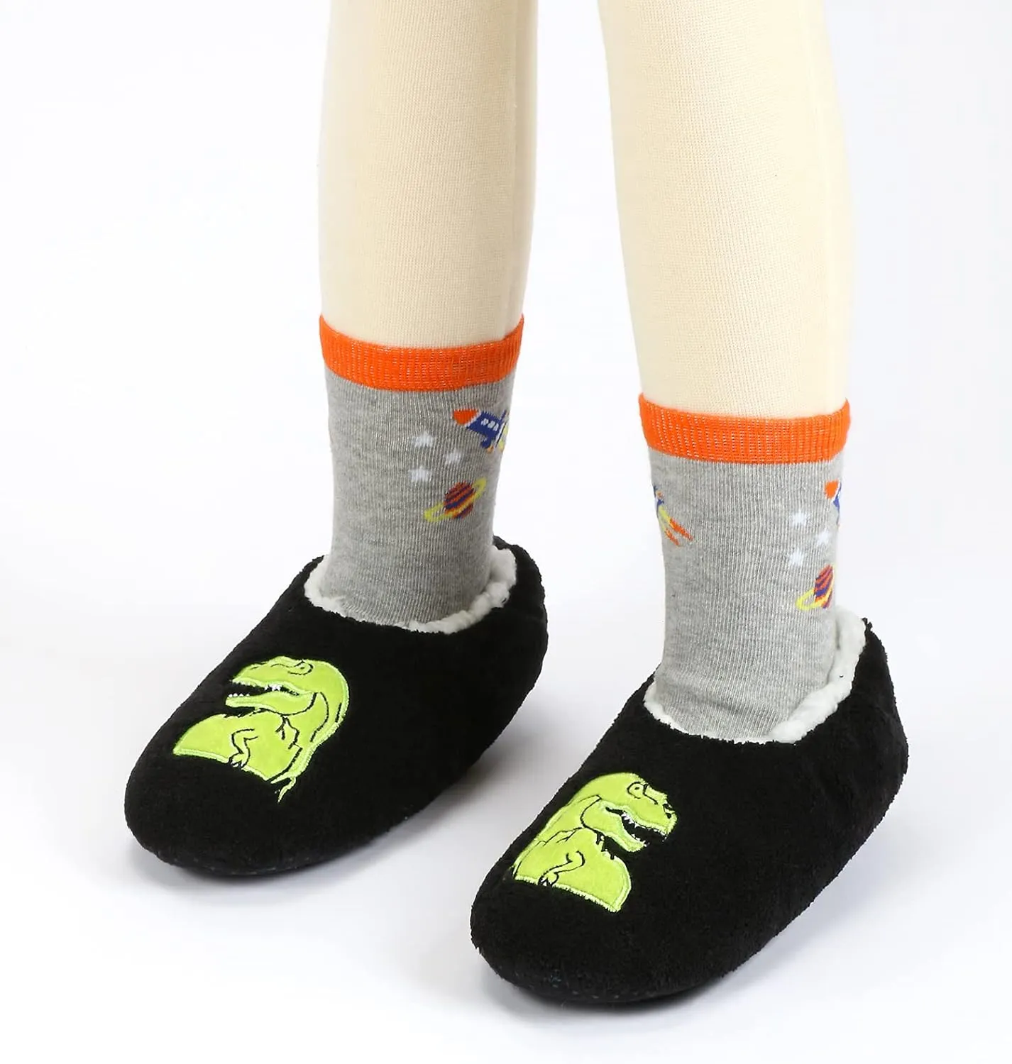 Boys House Slippers With Non Skid Bottoms, Cute Animal Slipper Socks With Grippers For Big Kids, Cozy Soft Sole Warm Fuzzy House Shoes