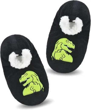 Boys House Slippers With Non Skid Bottoms, Cute Animal Slipper Socks With Grippers For Big Kids, Cozy Soft Sole Warm Fuzzy House Shoes