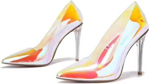 Clear Pointed Toe Heels for Women- Pointy Heels for Women with Transparent Upper, 3.75 inch Lucite Heel & Genuine Leather Insole- Classy Clear Pumps (Glass Doll.A)