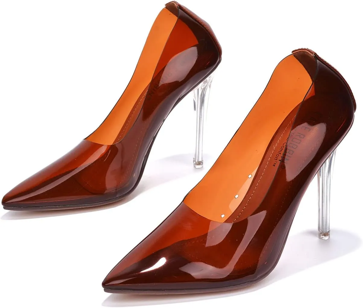 Clear Pointed Toe Heels for Women- Pointy Heels for Women with Transparent Upper, 3.75 inch Lucite Heel & Genuine Leather Insole- Classy Clear Pumps (Glass Doll.A)