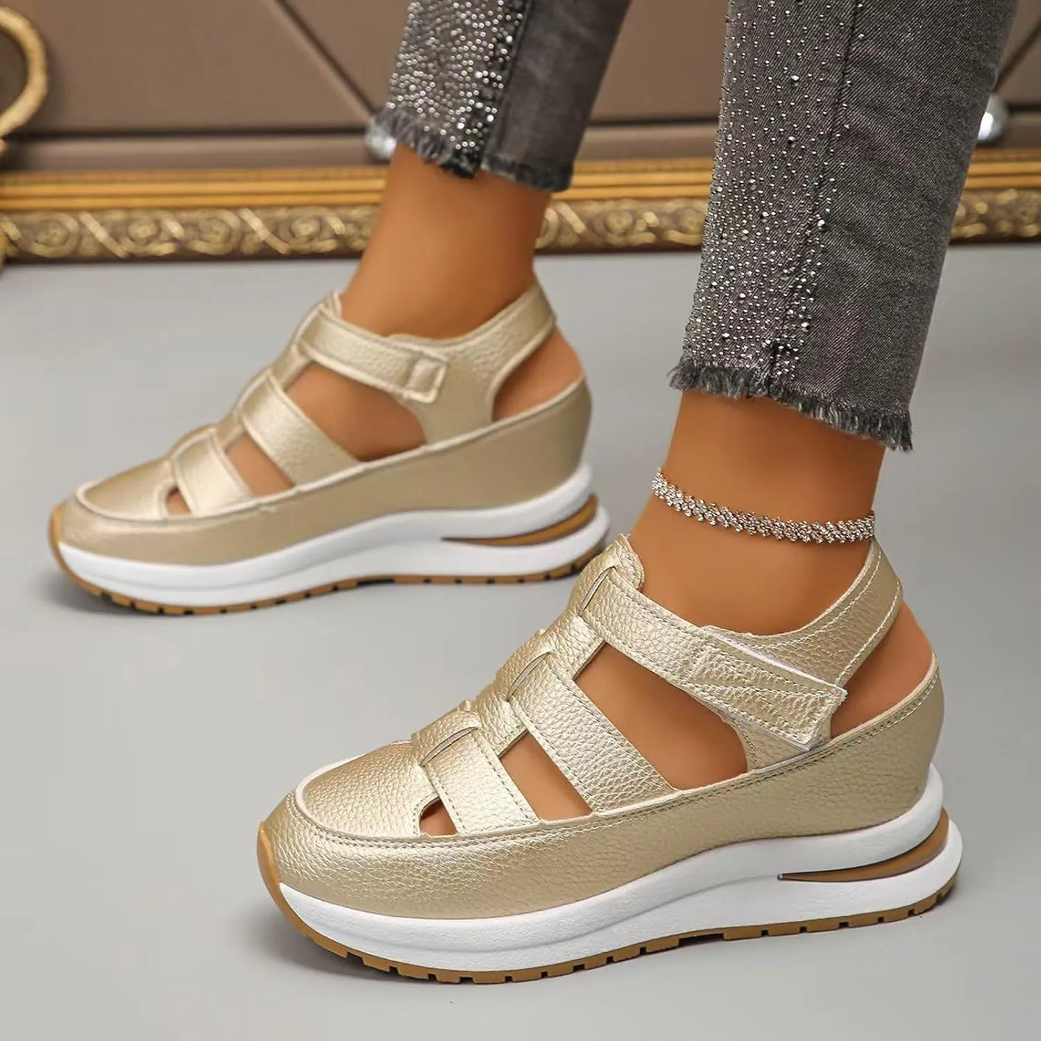 Closed Toe Hollow-Out Sandals for Women Plus Size Platform Wedge Sandals Casual Buckle Ankle Strap Shoes Summer Comfortable Weaving Shoes Height-Boosting Thick Sole Shoe