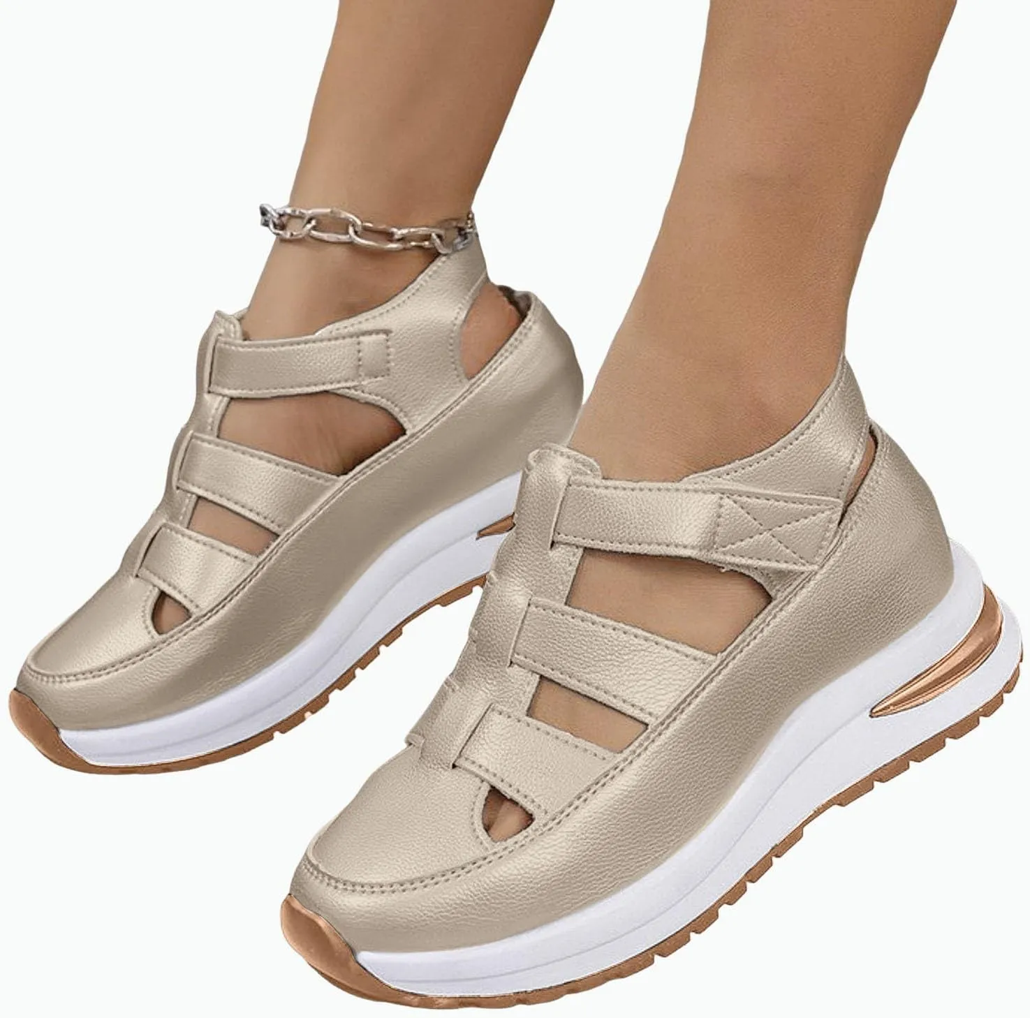 Closed Toe Hollow-Out Sandals for Women Plus Size Platform Wedge Sandals Casual Buckle Ankle Strap Shoes Summer Comfortable Weaving Shoes Height-Boosting Thick Sole Shoe