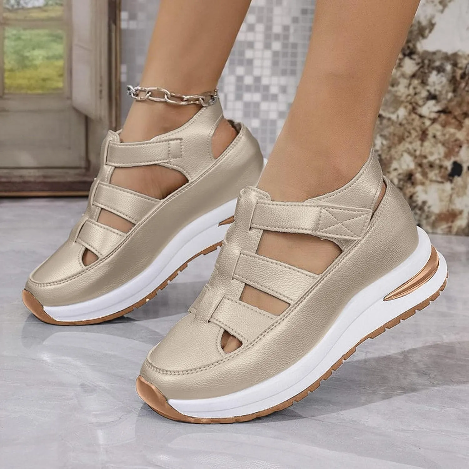 Closed Toe Hollow-Out Sandals for Women Plus Size Platform Wedge Sandals Casual Buckle Ankle Strap Shoes Summer Comfortable Weaving Shoes Height-Boosting Thick Sole Shoe