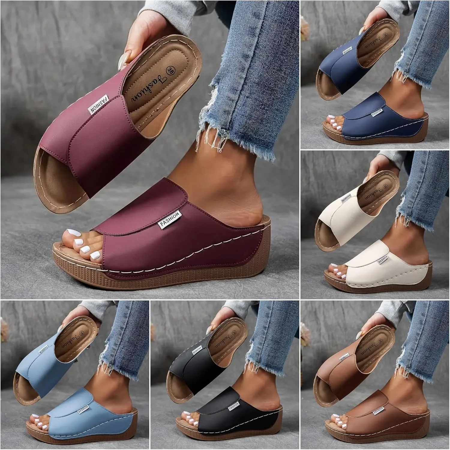Comfortable Arch Support Slides for Women Orthopedic Wedge Sandals Wide Width Breathable Summer Orthotic Leather Platform Wedge Sandals Slip on Casual Shoes