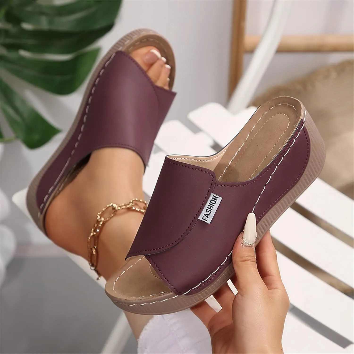Comfortable Arch Support Slides for Women Orthopedic Wedge Sandals Wide Width Breathable Summer Orthotic Leather Platform Wedge Sandals Slip on Casual Shoes