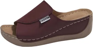 Comfortable Arch Support Slides for Women Orthopedic Wedge Sandals Wide Width Breathable Summer Orthotic Leather Platform Wedge Sandals Slip on Casual Shoes