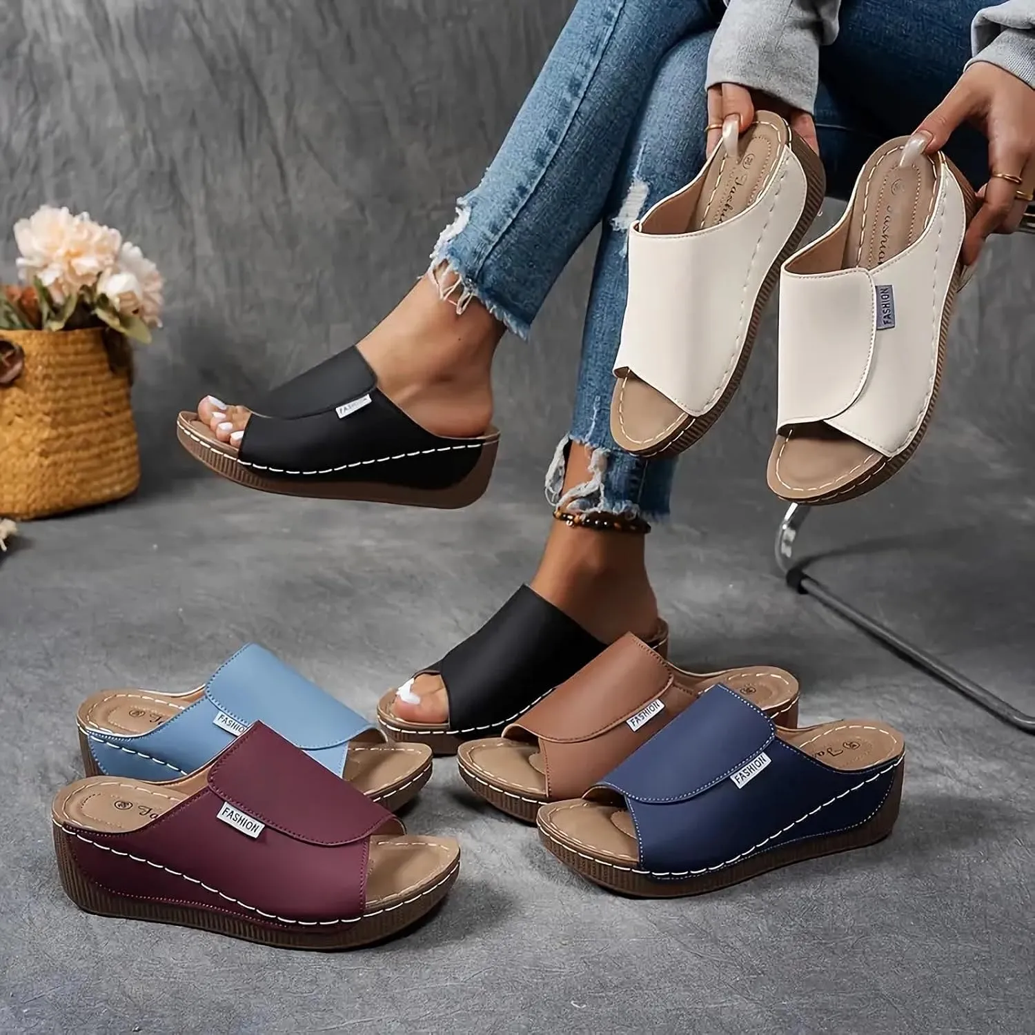 Comfortable Arch Support Slides for Women Orthopedic Wedge Sandals Wide Width Breathable Summer Orthotic Leather Platform Wedge Sandals Slip on Casual Shoes