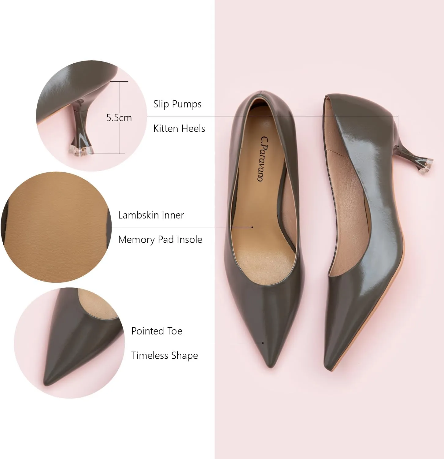 C.Paravano Classic Women's Pumps Metal Square Buckle Pointy Heels for Ladies Stiletto Heel Pointed Toe Dressy Womens Heels Comfortable Office Wear