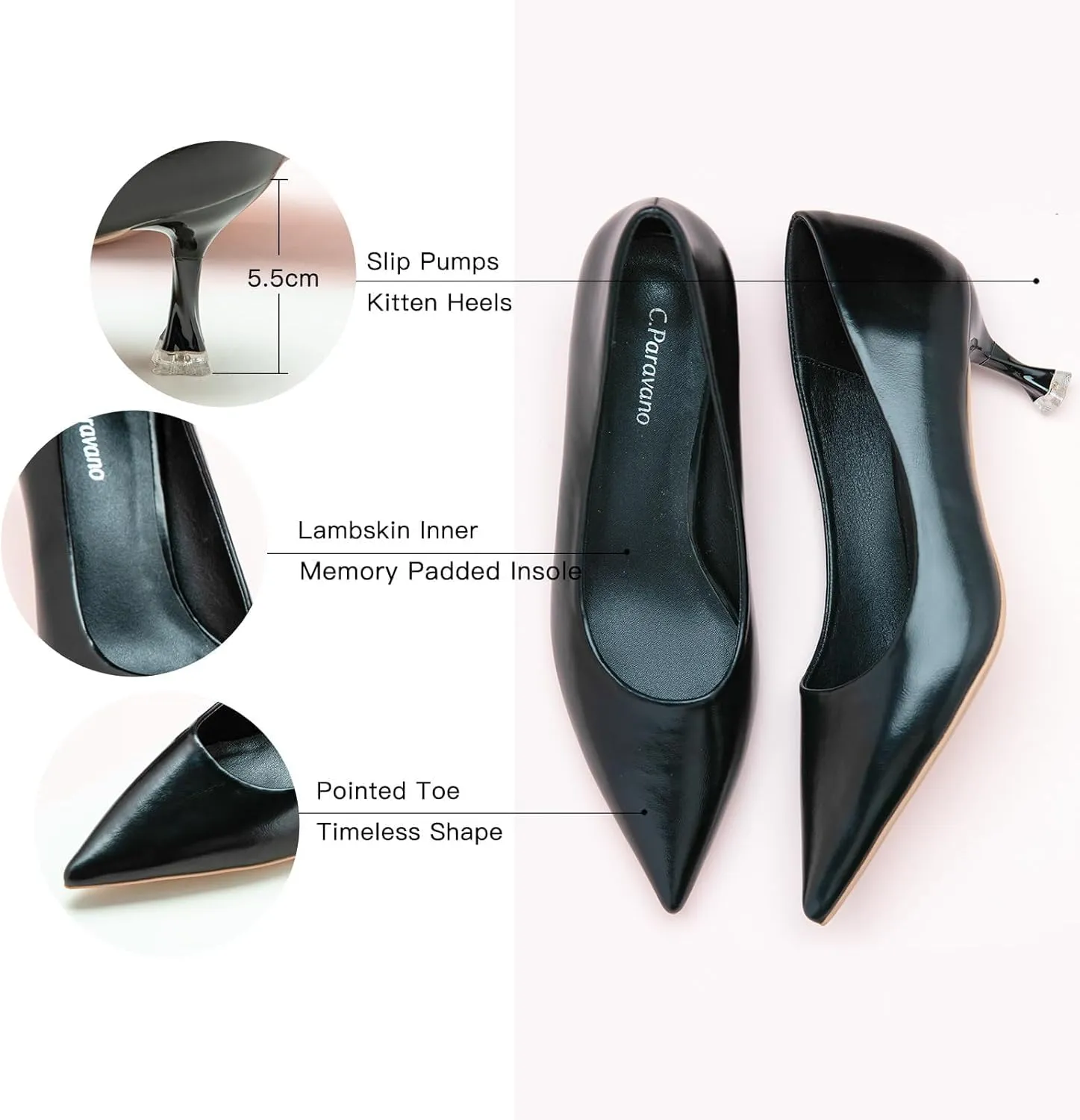 C.Paravano Classic Women's Pumps Metal Square Buckle Pointy Heels for Ladies Stiletto Heel Pointed Toe Dressy Womens Heels Comfortable Office Wear