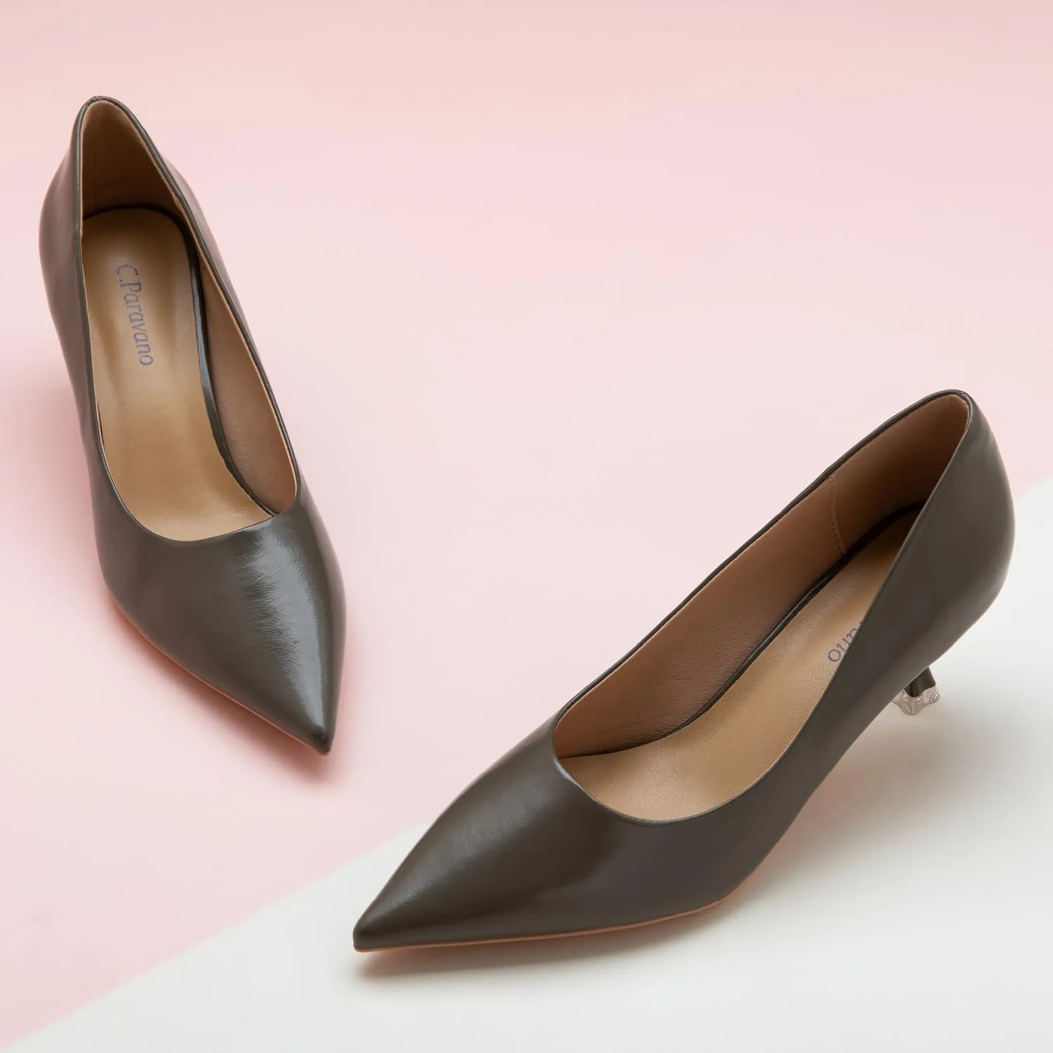 C.Paravano Classic Women's Pumps Metal Square Buckle Pointy Heels for Ladies Stiletto Heel Pointed Toe Dressy Womens Heels Comfortable Office Wear