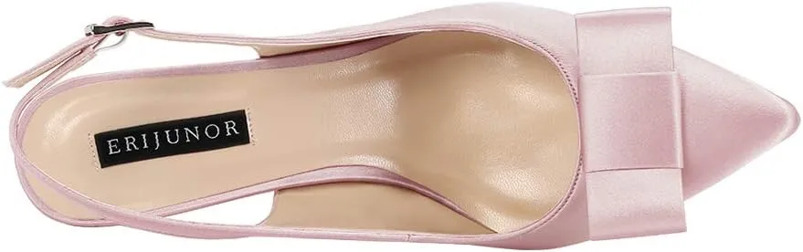 ERIJUNOR Pointy Toe Pumps Mid Heels Wedding Evening Party Prom Slingback Satin Shoes