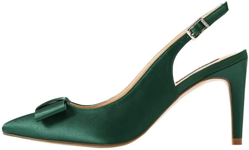 ERIJUNOR Pointy Toe Pumps Mid Heels Wedding Evening Party Prom Slingback Satin Shoes