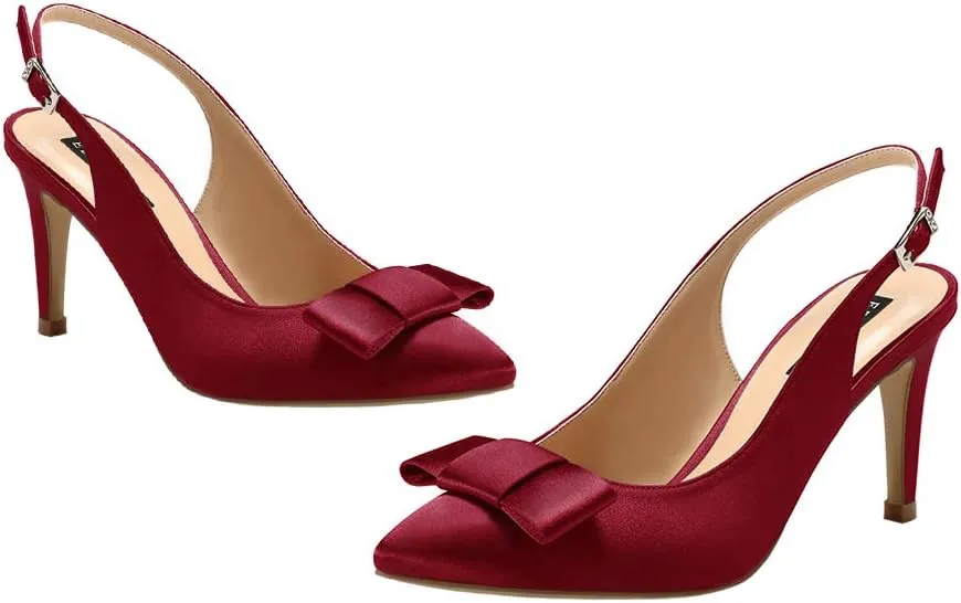 ERIJUNOR Pointy Toe Pumps Mid Heels Wedding Evening Party Prom Slingback Satin Shoes