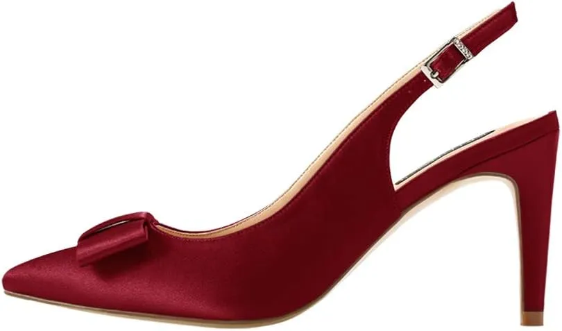 ERIJUNOR Pointy Toe Pumps Mid Heels Wedding Evening Party Prom Slingback Satin Shoes