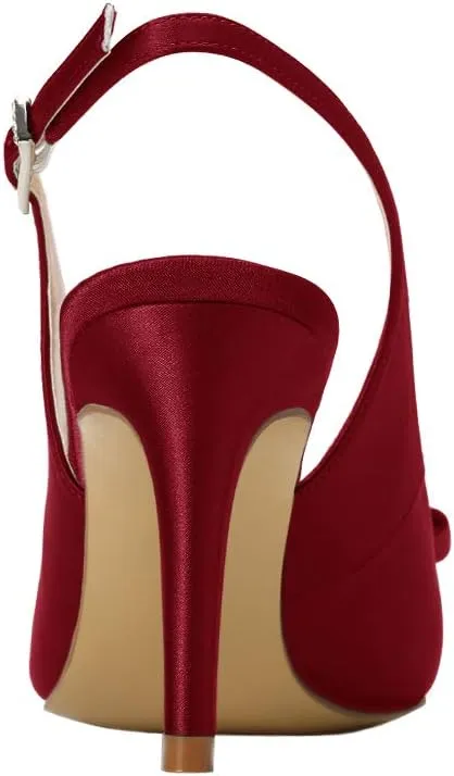 ERIJUNOR Pointy Toe Pumps Mid Heels Wedding Evening Party Prom Slingback Satin Shoes