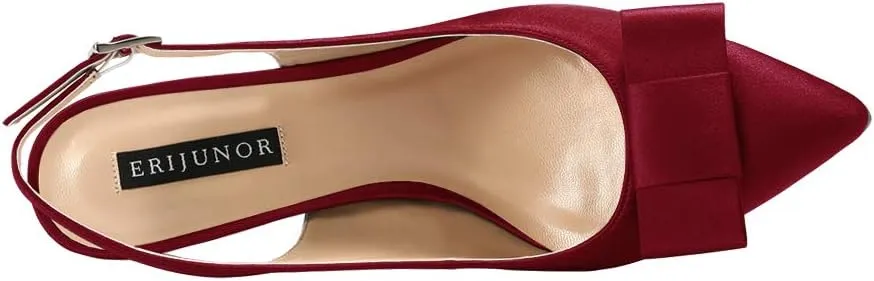 ERIJUNOR Pointy Toe Pumps Mid Heels Wedding Evening Party Prom Slingback Satin Shoes