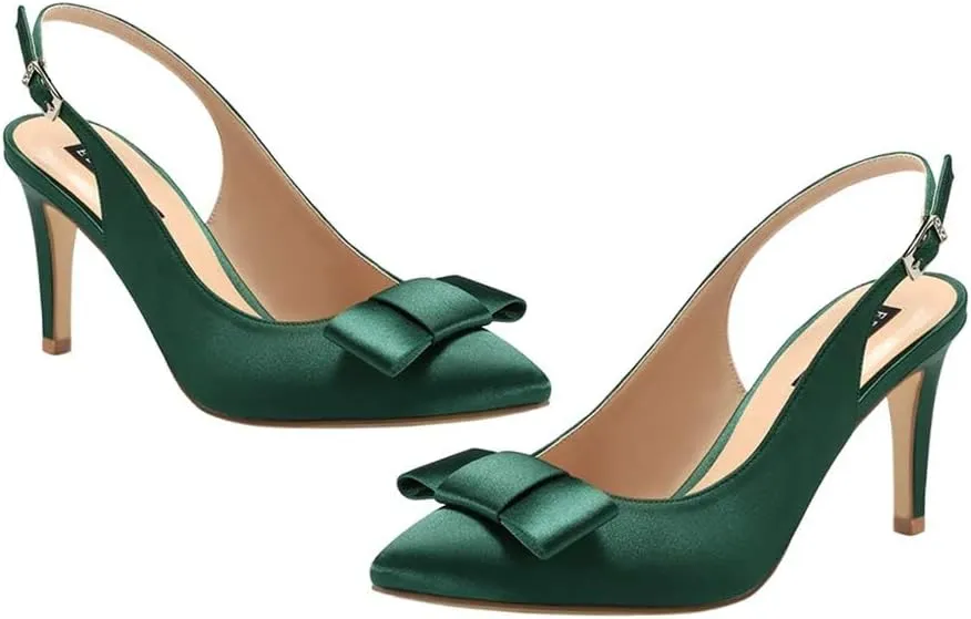 ERIJUNOR Pointy Toe Pumps Mid Heels Wedding Evening Party Prom Slingback Satin Shoes