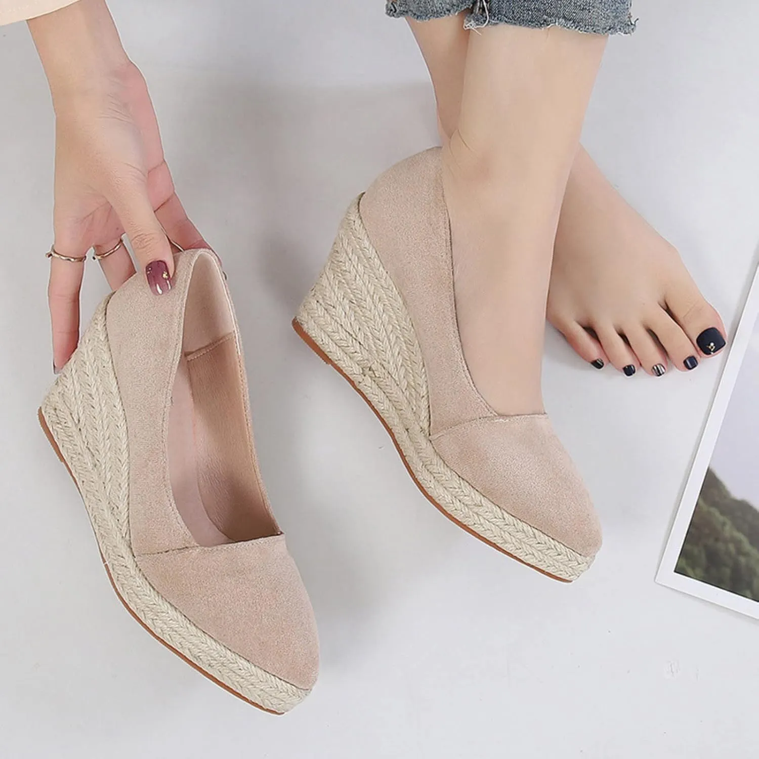 Fashion Toe Slip On Espadrilles Casual Shoes Woman Canvas Trendy Shoes High Heels Shoes for Women Jute Sole Sandals Platform for Women (Beige, 7)