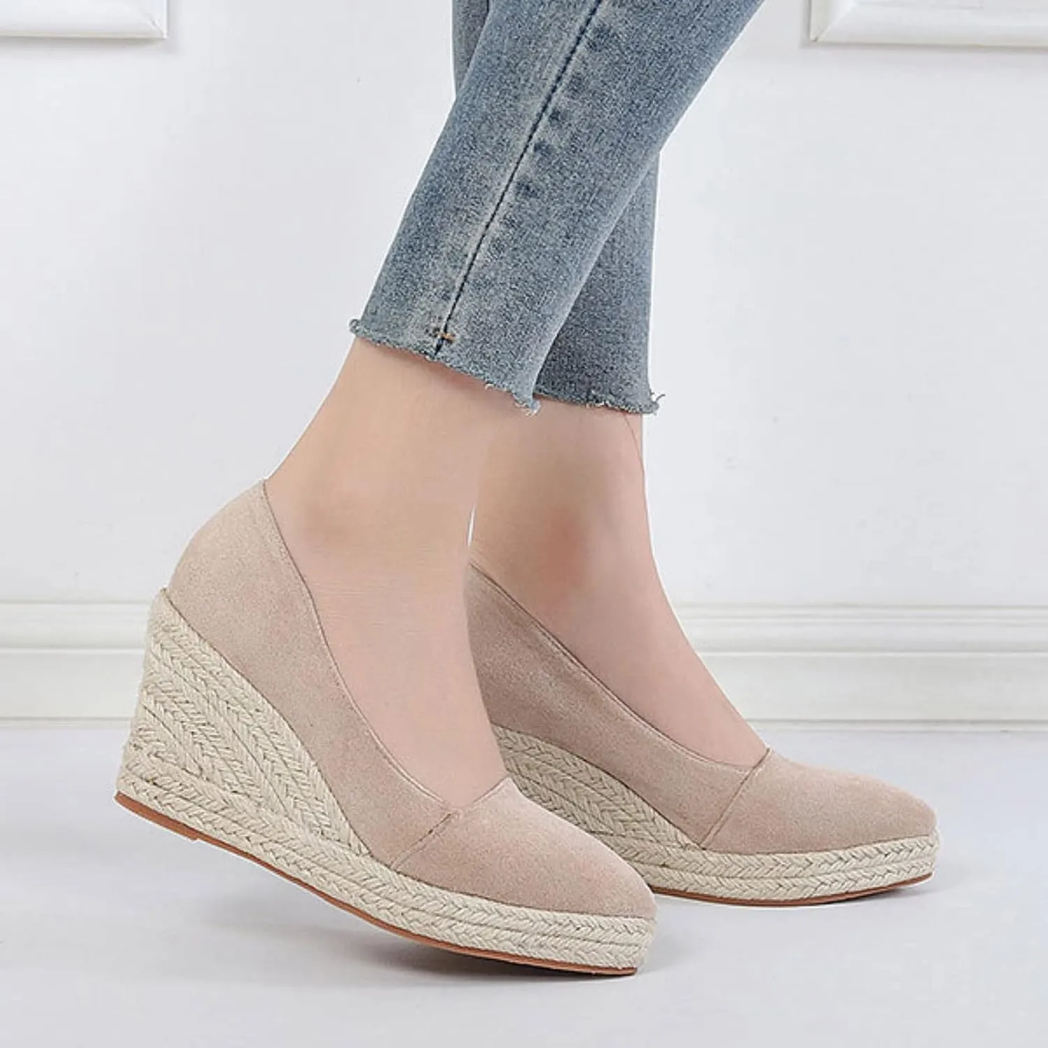 Fashion Toe Slip On Espadrilles Casual Shoes Woman Canvas Trendy Shoes High Heels Shoes for Women Jute Sole Sandals Platform for Women (Beige, 7)