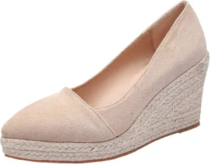 Fashion Toe Slip On Espadrilles Casual Shoes Woman Canvas Trendy Shoes High Heels Shoes for Women Jute Sole Sandals Platform for Women (Beige, 7)