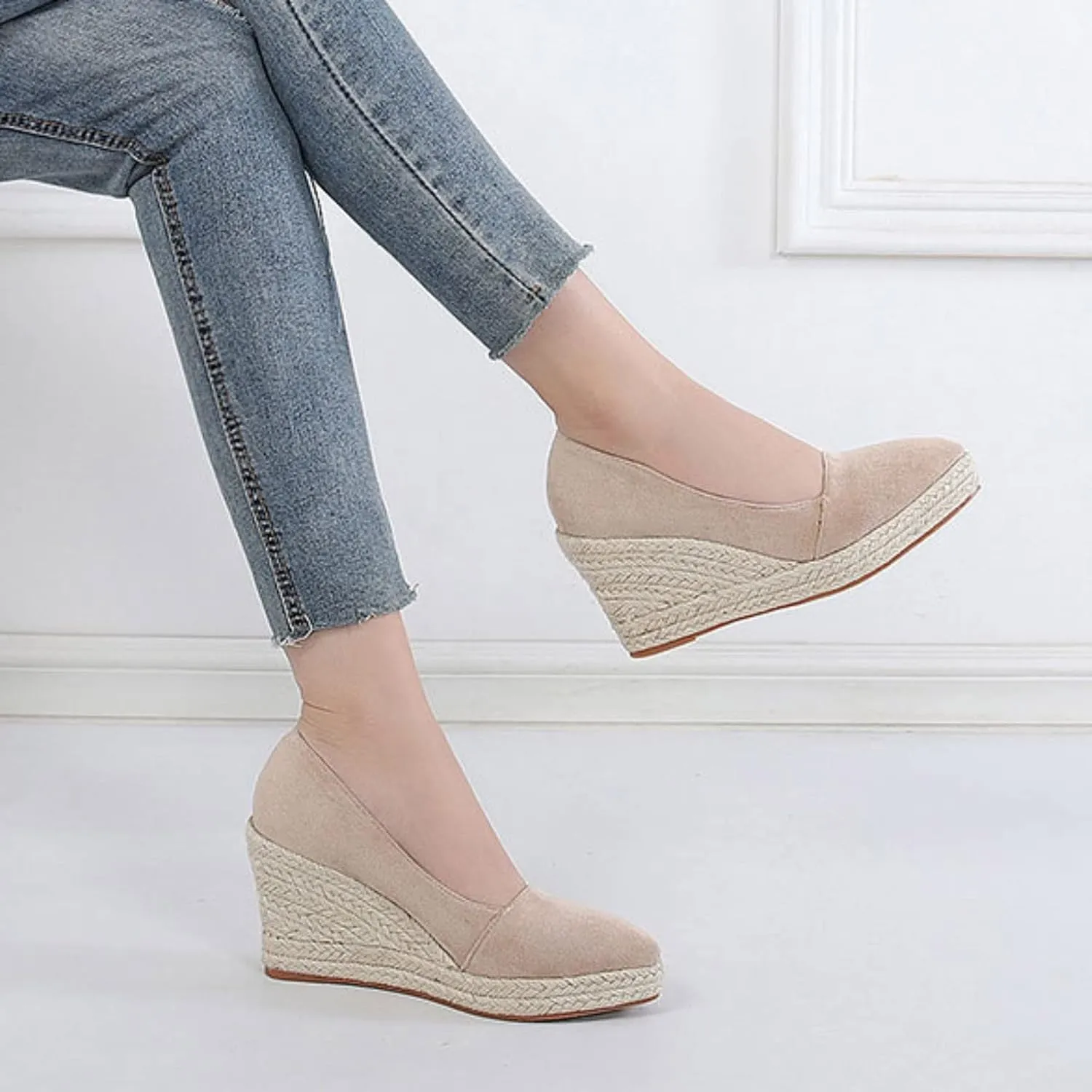 Fashion Toe Slip On Espadrilles Casual Shoes Woman Canvas Trendy Shoes High Heels Shoes for Women Jute Sole Sandals Platform for Women (Beige, 7)