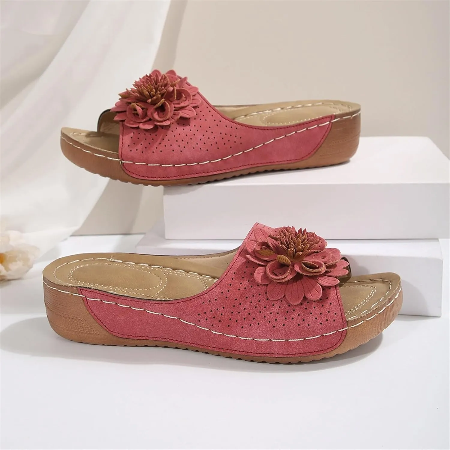 Flowers Orthopedic Sandals for Women 2025 Arch Support Fish Mouth Open Toe Leather Slippers Womens Breathable Slip On Wedge Platform Slide Sandals