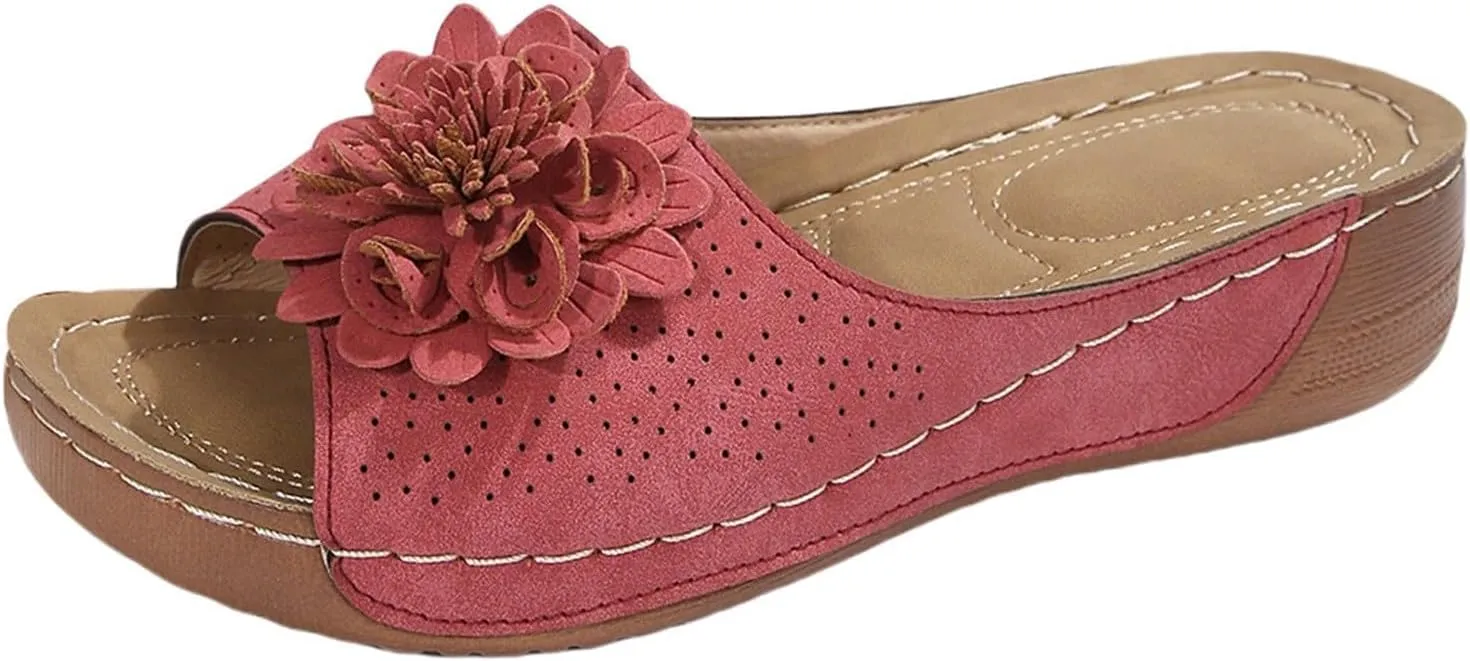 Flowers Orthopedic Sandals for Women 2025 Arch Support Fish Mouth Open Toe Leather Slippers Womens Breathable Slip On Wedge Platform Slide Sandals