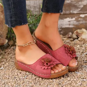 Flowers Orthopedic Sandals for Women 2025 Arch Support Fish Mouth Open Toe Leather Slippers Womens Breathable Slip On Wedge Platform Slide Sandals