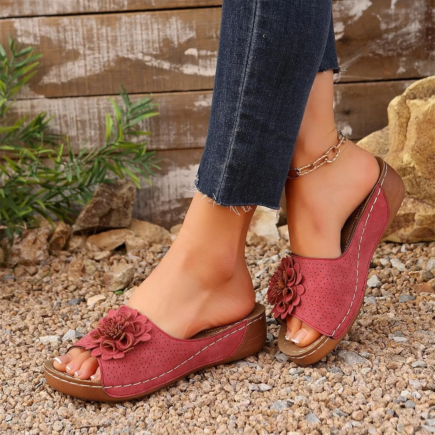 Flowers Orthopedic Sandals for Women 2025 Arch Support Fish Mouth Open Toe Leather Slippers Womens Breathable Slip On Wedge Platform Slide Sandals